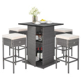 Juego de mesa de bar de mimbre para exteriores de 5 piezas con estantes de almacenamiento ocultos-Blanco