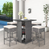 Juego de mesa de bar de mimbre para exteriores de 5 piezas con estantes de almacenamiento ocultos-Blanco