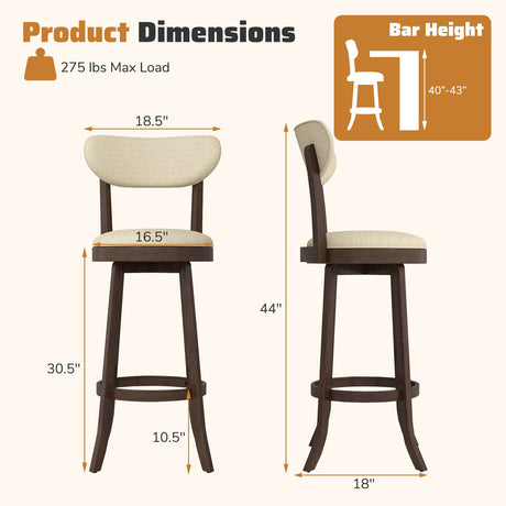 Taburetes de bar de 30.5 pulgadas, juego de 2 taburetes de bar giratorios altos con asiento y respaldo acolchados - Marrón