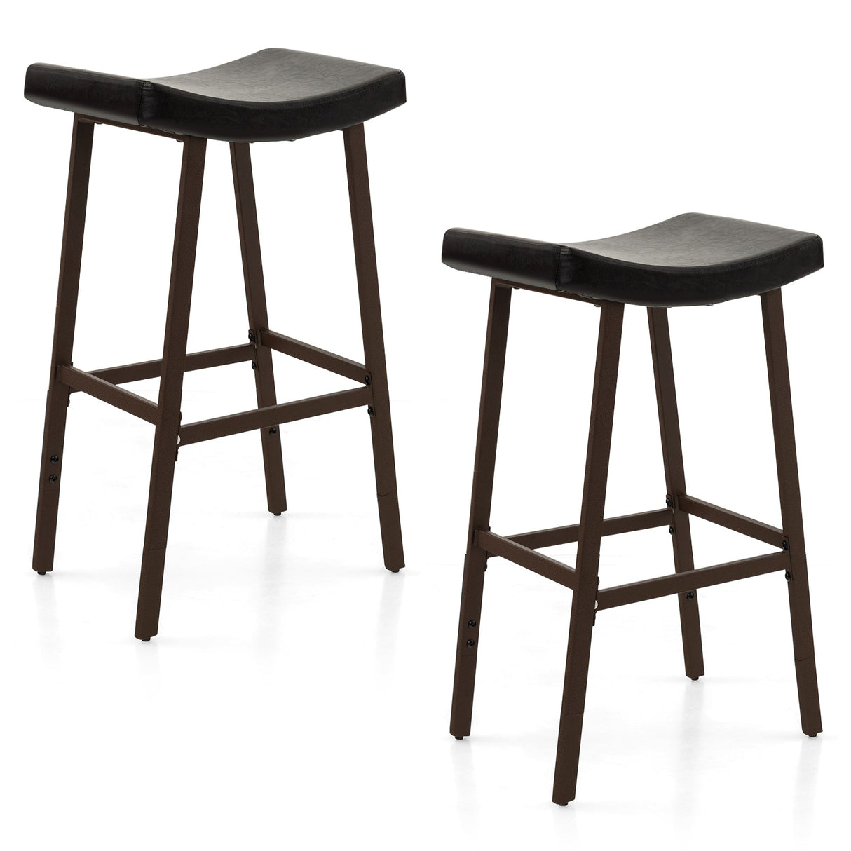Juego de 2 taburetes de bar con asiento de silla de montar tapizado en cuero sintético y reposapiés - Marrón