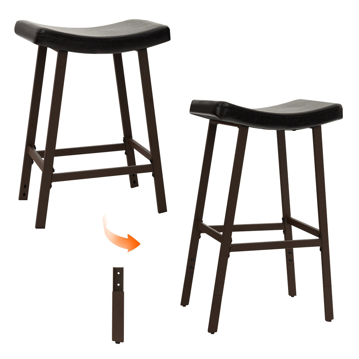 Juego de 2 taburetes de bar con asiento de silla de montar tapizado en cuero sintético y reposapiés - Marrón