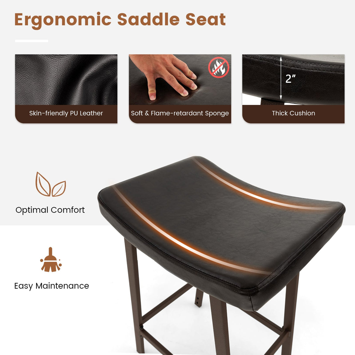 Juego de 2 taburetes de bar con asiento de silla de montar tapizado en cuero sintético y reposapiés - Marrón