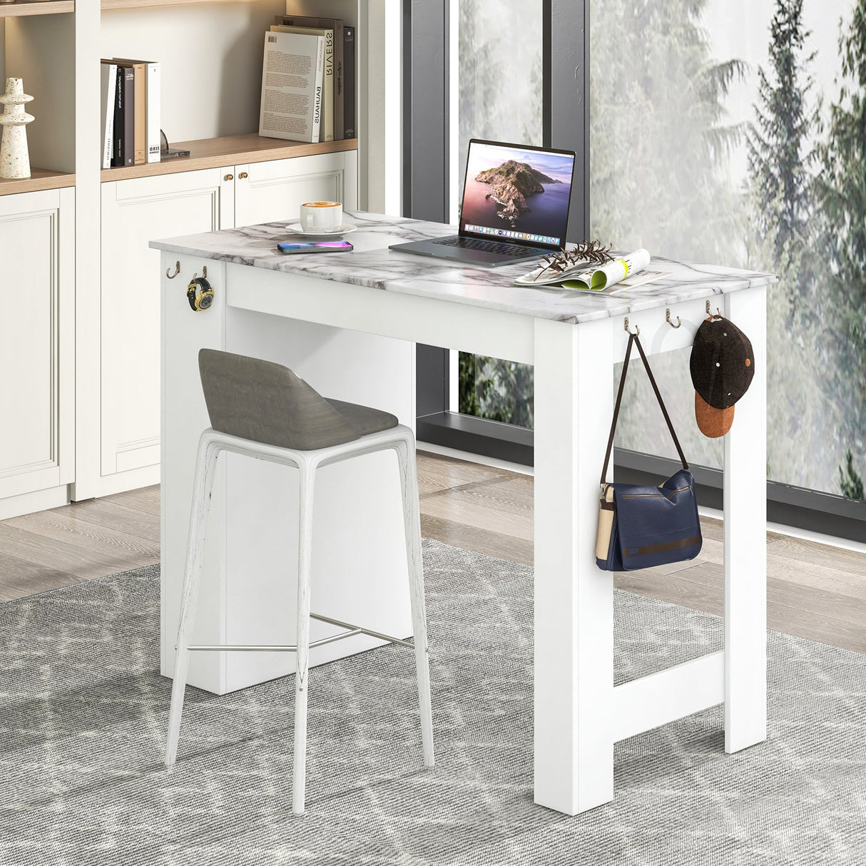 Mesa de bar de mármol sintético con 7 ganchos para colgar y compartimento - Blanco