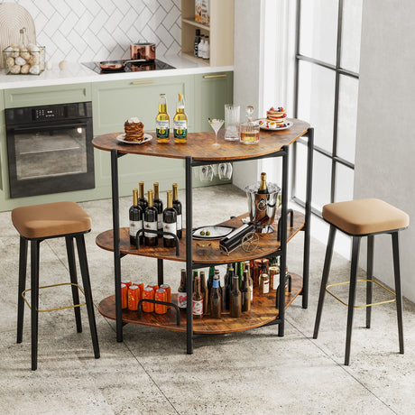 Mesa de Bar para Licores de 3 Niveles con Estantes para Copas y Estantes de Almacenamiento