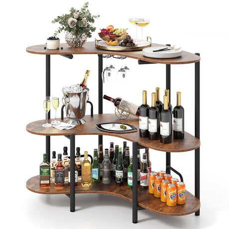 Mesa de Bar para Licores de 3 Niveles con Estantes para Copas y Estantes de Almacenamiento