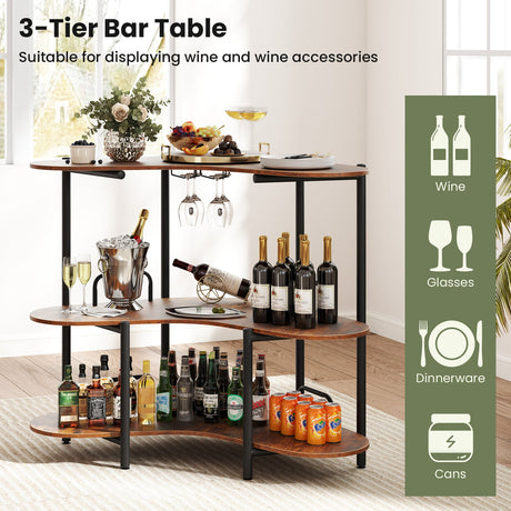 Mesa de Bar para Licores de 3 Niveles con Estantes para Copas y Estantes de Almacenamiento