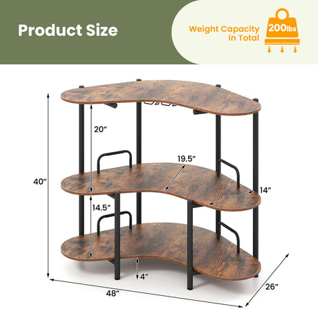 Mesa de Bar para Licores de 3 Niveles con Estantes para Copas y Estantes de Almacenamiento