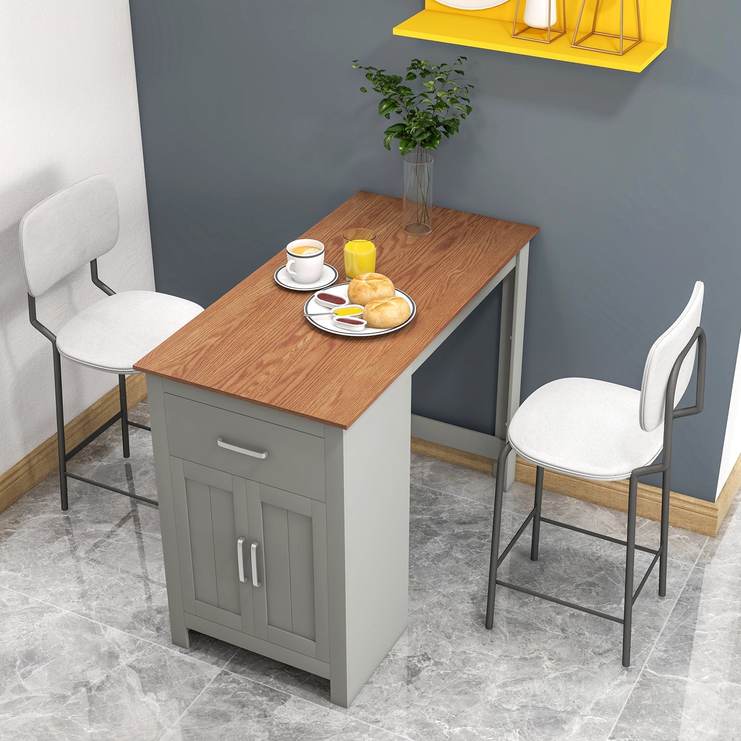Mesa alta de bar con mueble de almacenamiento y cajón