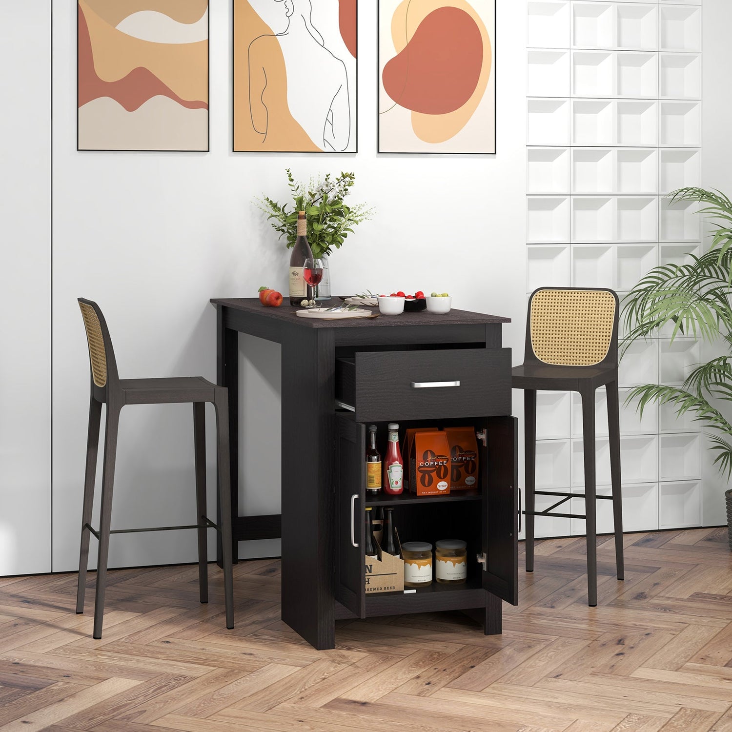 Mesa alta de bar con mueble de almacenamiento y cajón