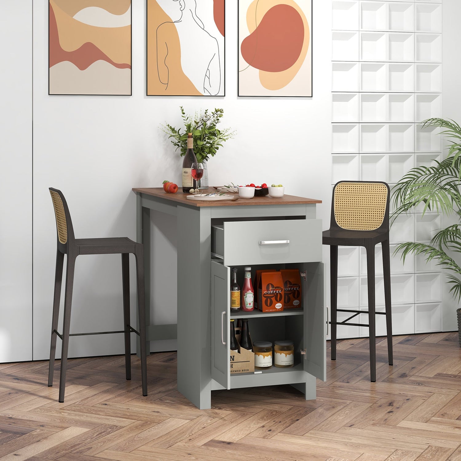 Mesa alta de bar con mueble de almacenamiento y cajón