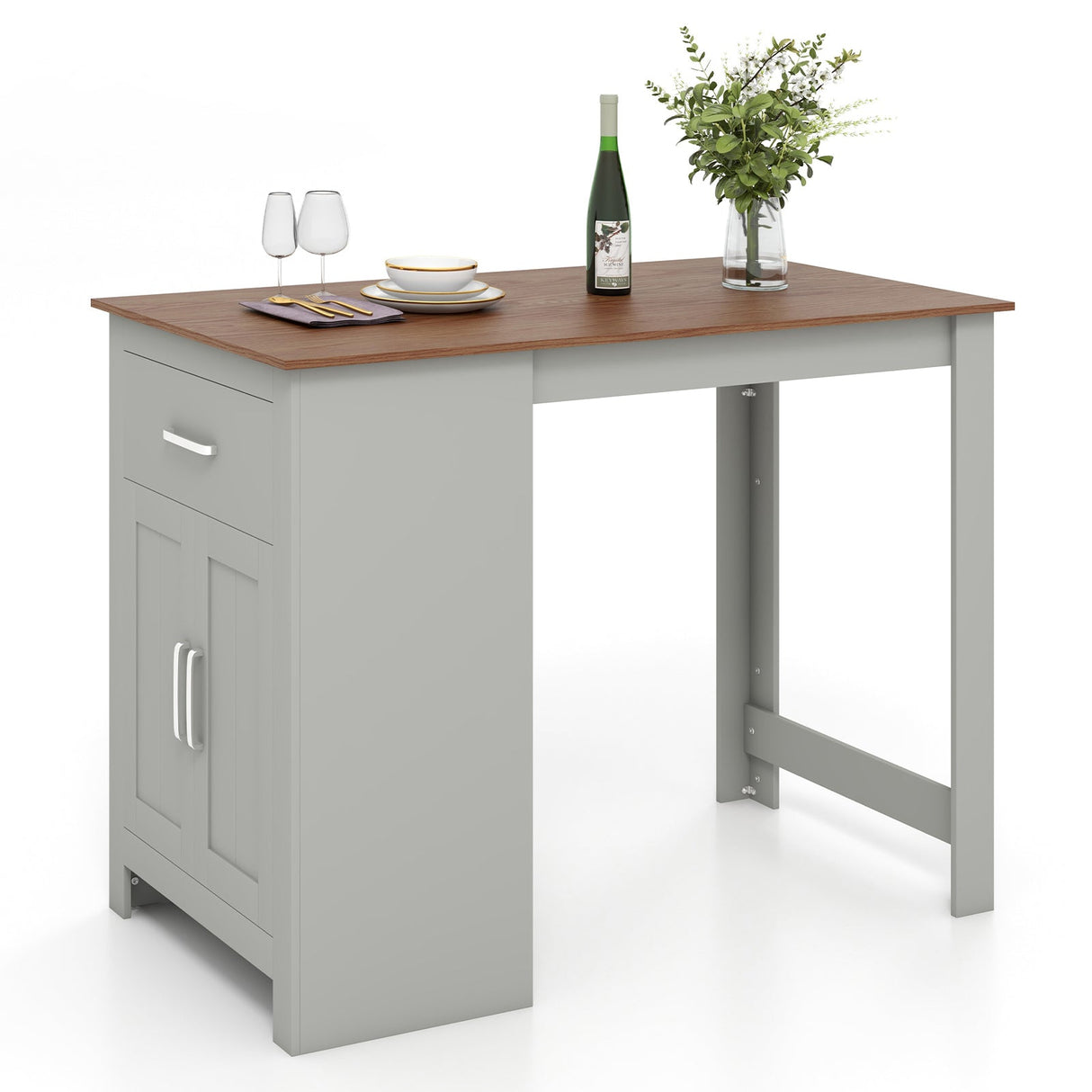 Mesa alta de bar con mueble de almacenamiento y cajón