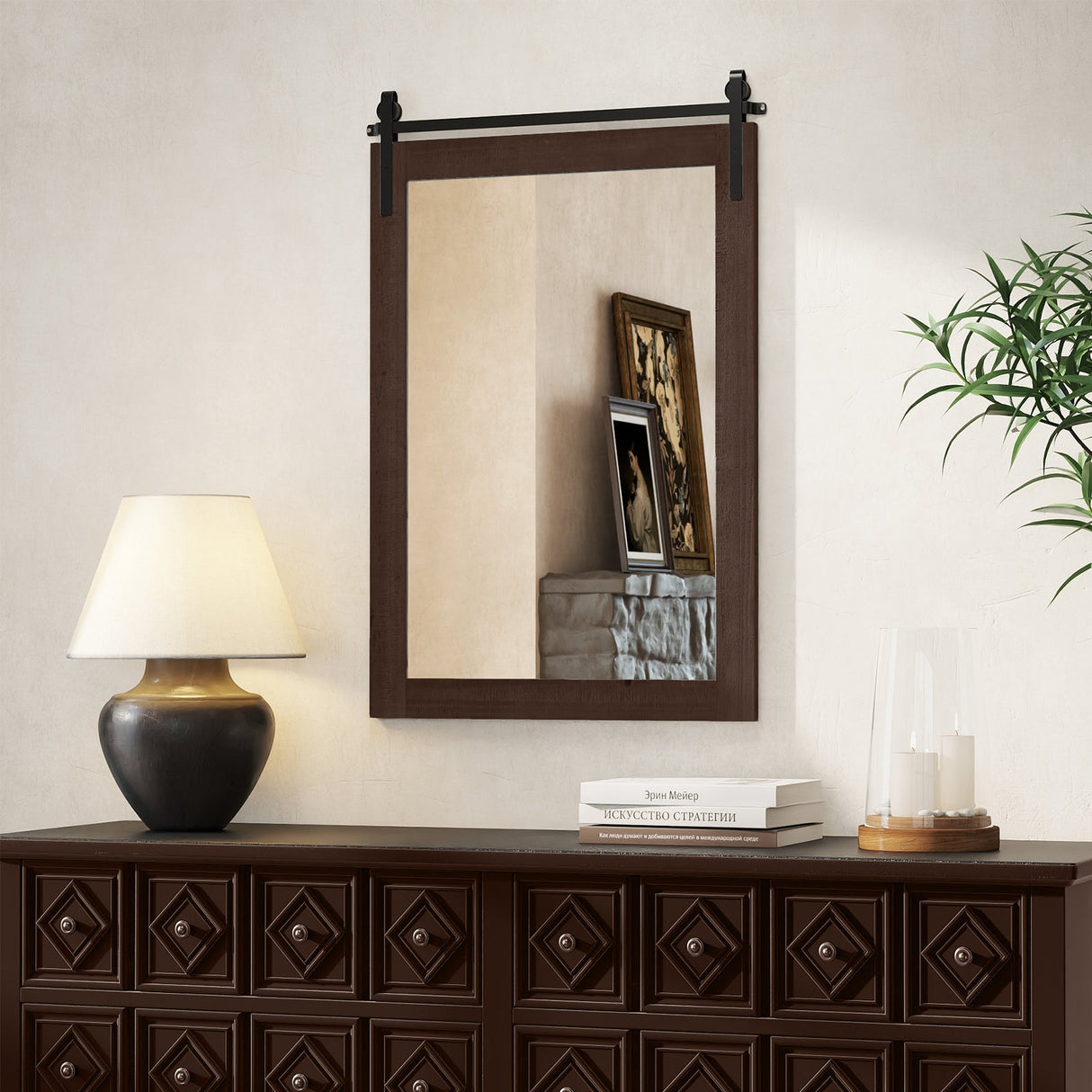 Espejo de pared estilo rústico de puerta de granero con marco de madera de casa de campo