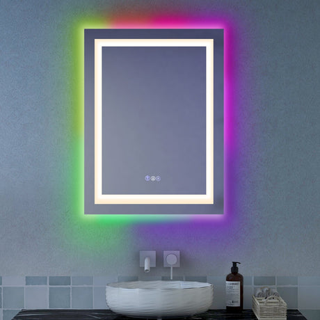 Espejo de pared antiniebla para baño de 32 x 24 pulgadas con luz colorida
