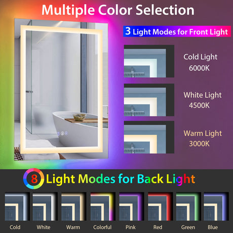 Espejo de pared antiniebla para baño de 32 x 24 pulgadas con luz colorida