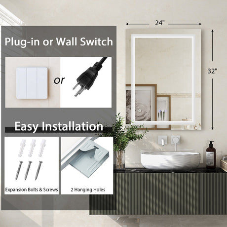 Espejo de pared antiniebla para baño de 32 x 24 pulgadas con luz colorida
