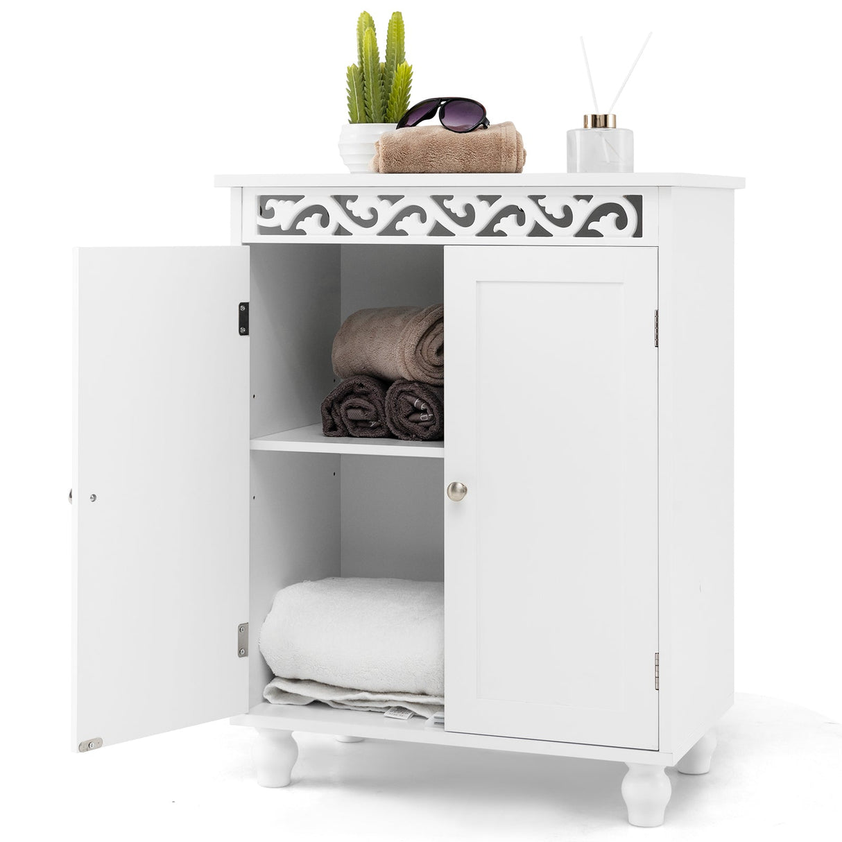 Armario de baño independiente con estante ajustable y patas de madera maciza - Blanco