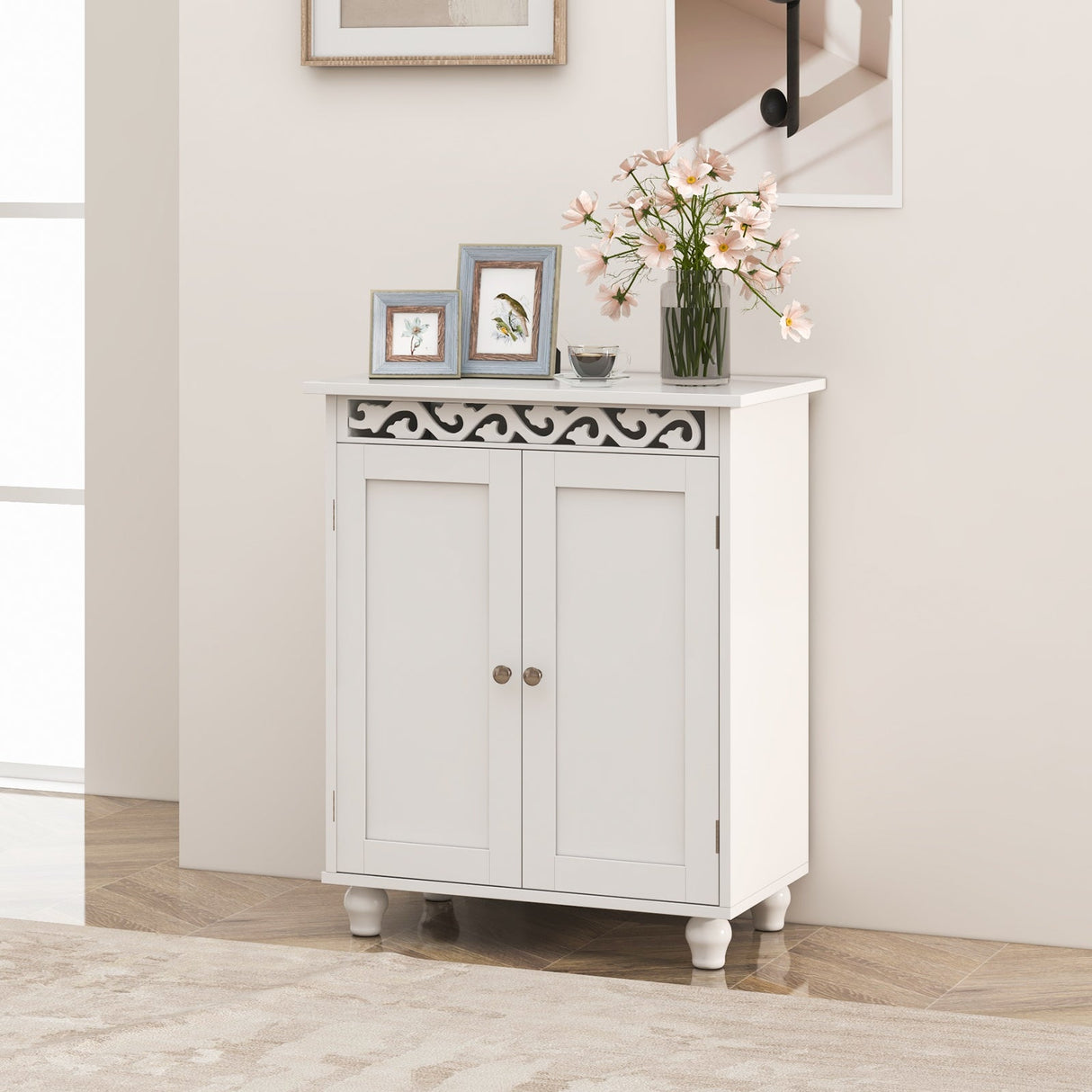 Armario de baño independiente con estante ajustable y patas de madera maciza - Blanco