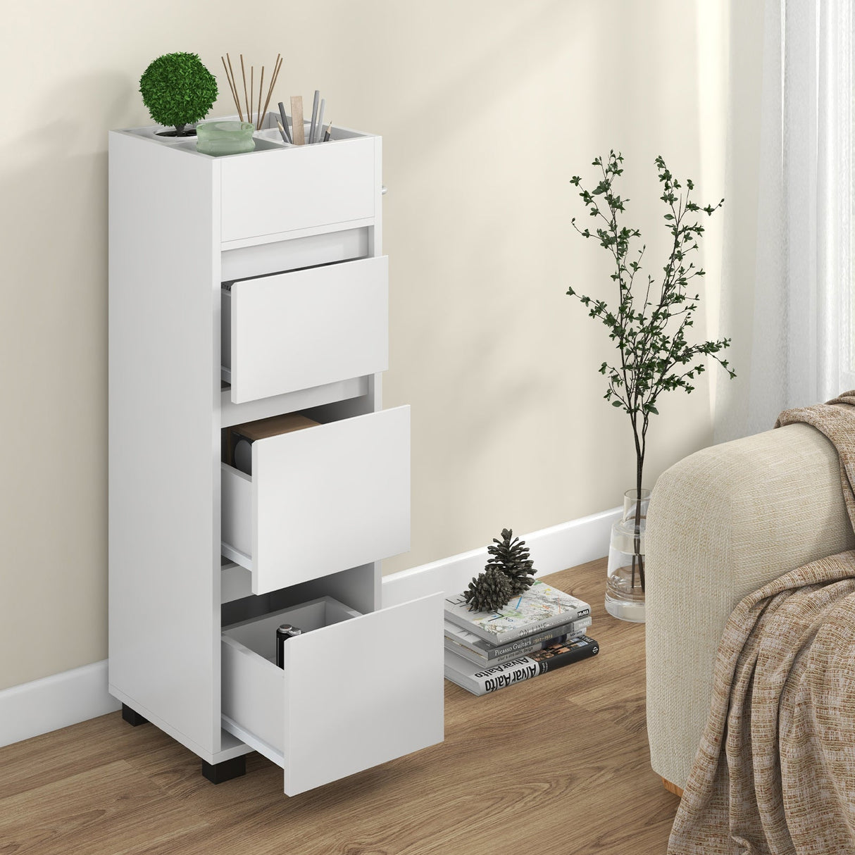 Mueble de baño con 3 cajones, 4 divisores superiores y 1 toallero - Blanco