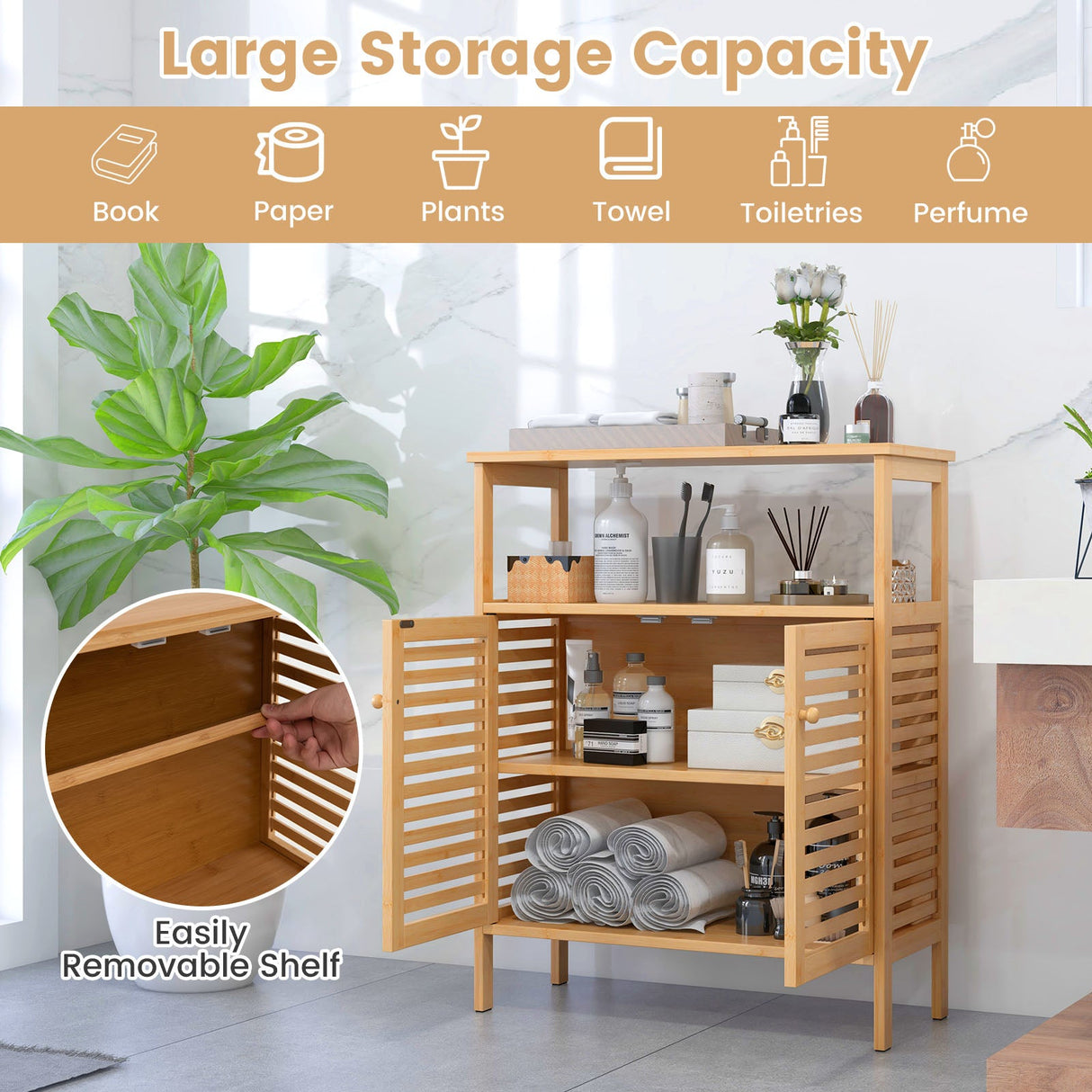 Mueble de almacenamiento de bambú para baño con puertas de persiana - Natural