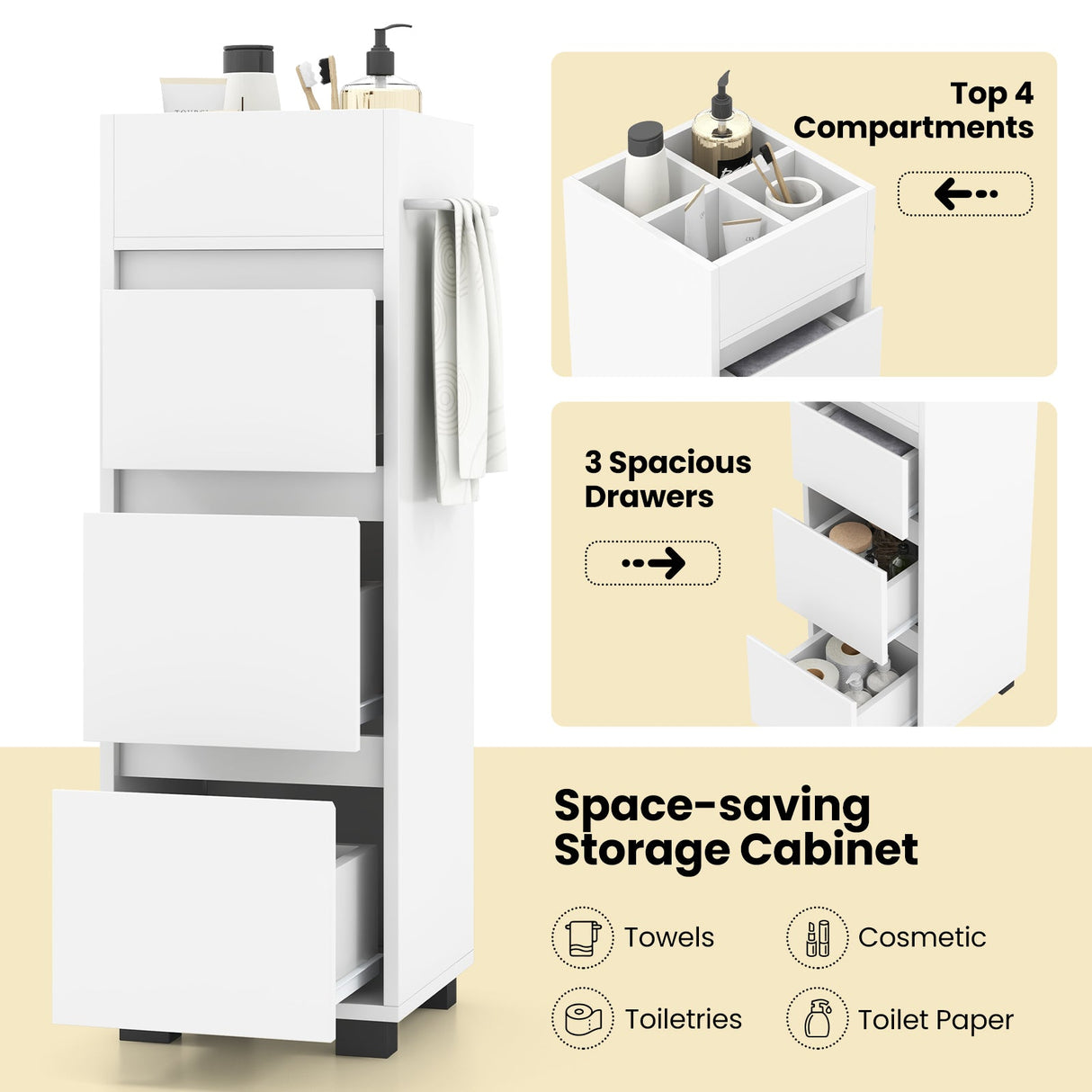 Mueble de baño con 3 cajones, 4 divisores superiores y 1 toallero - Blanco