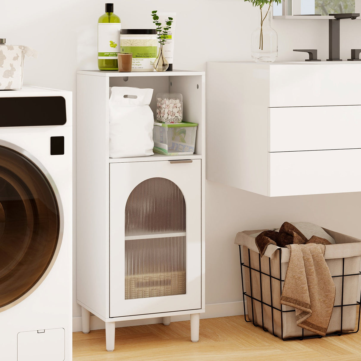 Mueble de baño auxiliar de madera con estante ajustable, organizador de almacenamiento lateral, color blanco