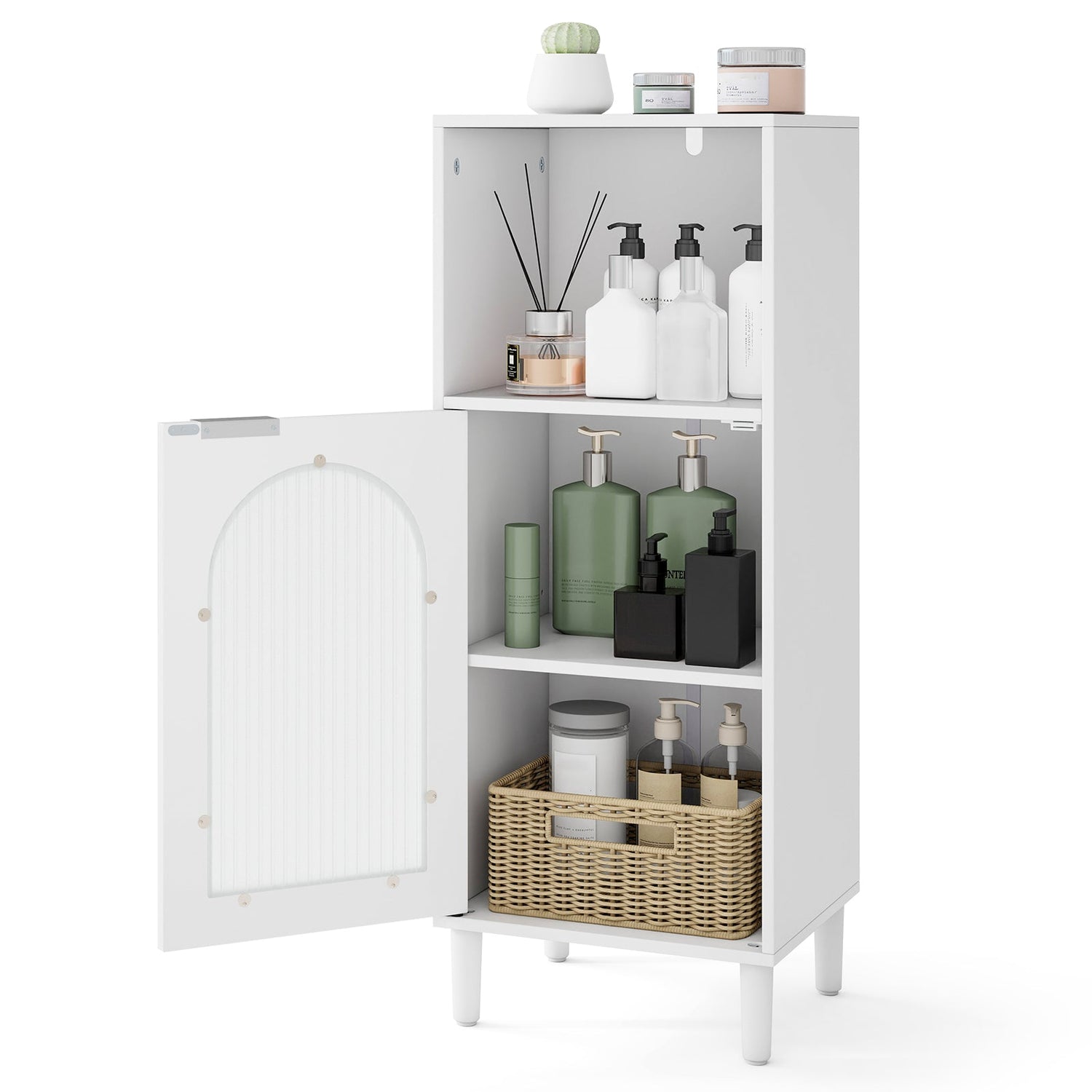 Mueble de baño auxiliar de madera con estante ajustable, organizador de almacenamiento lateral, color blanco