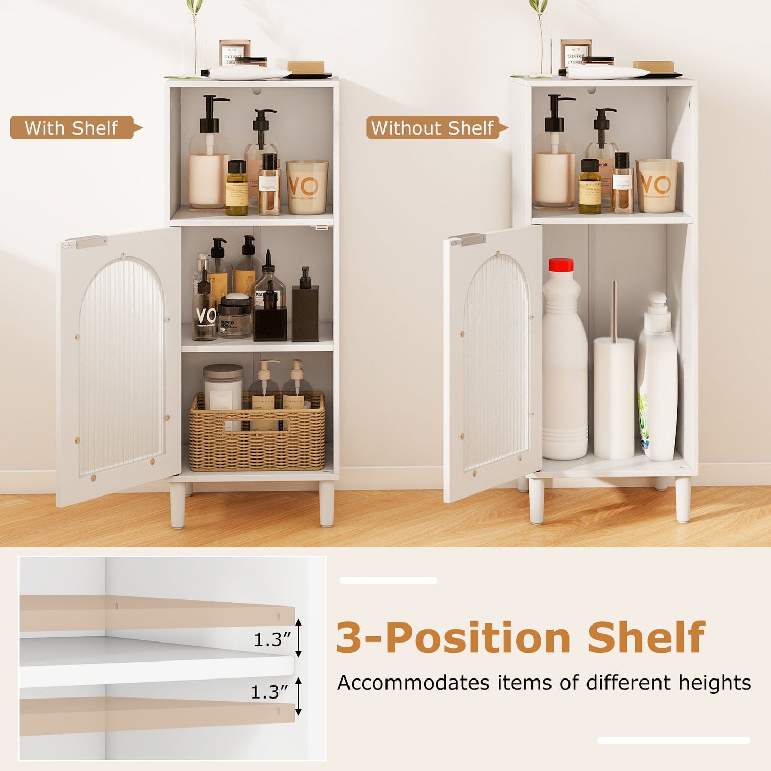 Mueble de baño auxiliar de madera con estante ajustable, organizador de almacenamiento lateral, color blanco