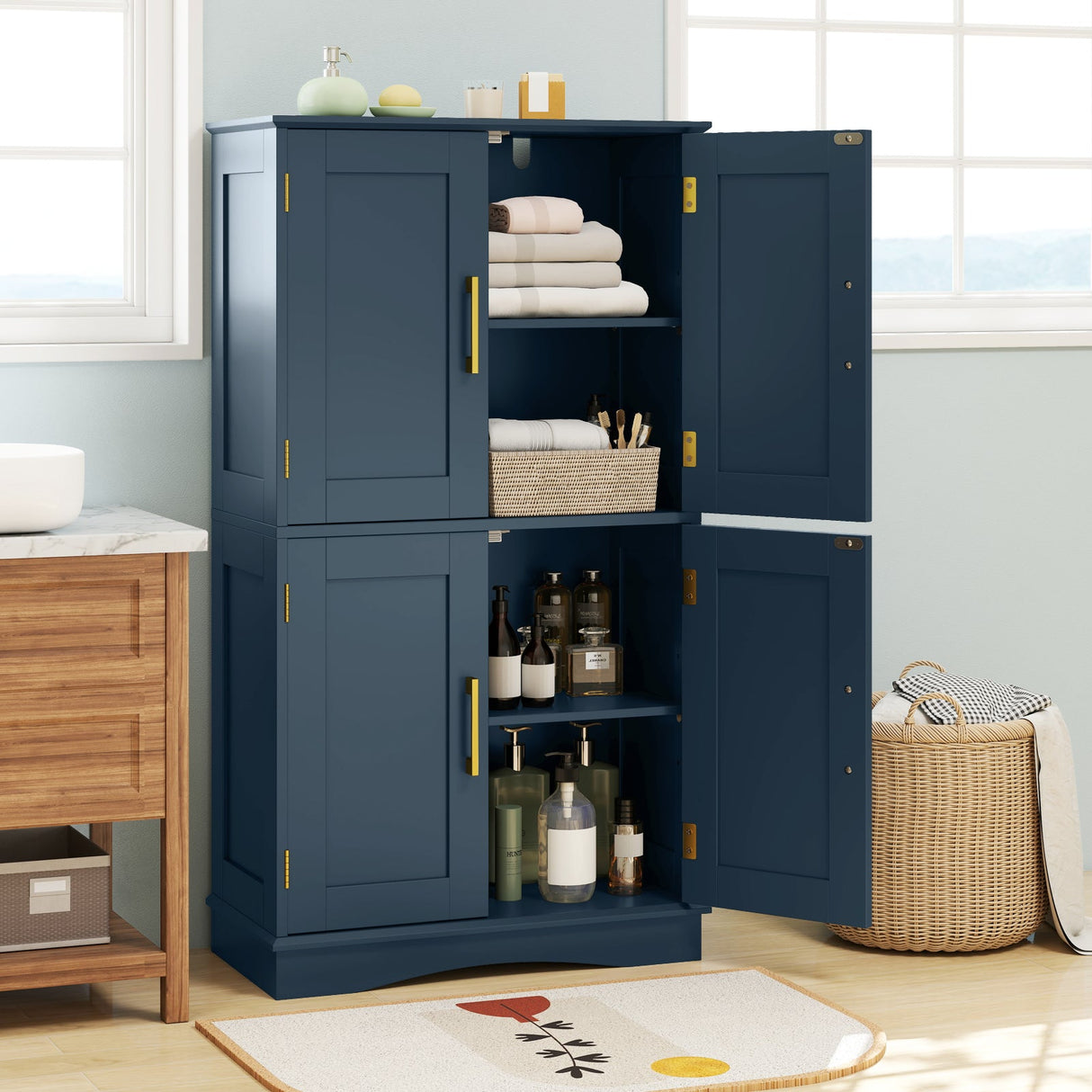 Armario de almacenamiento para baño con 4 puertas y 2 estantes ajustables - Azul