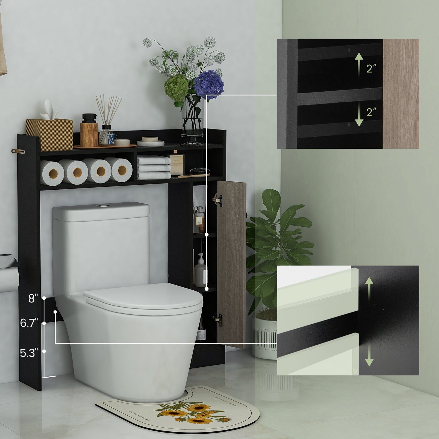 Organizador de almacenamiento de suelo para baño sobre el inodoro con estantes ajustables