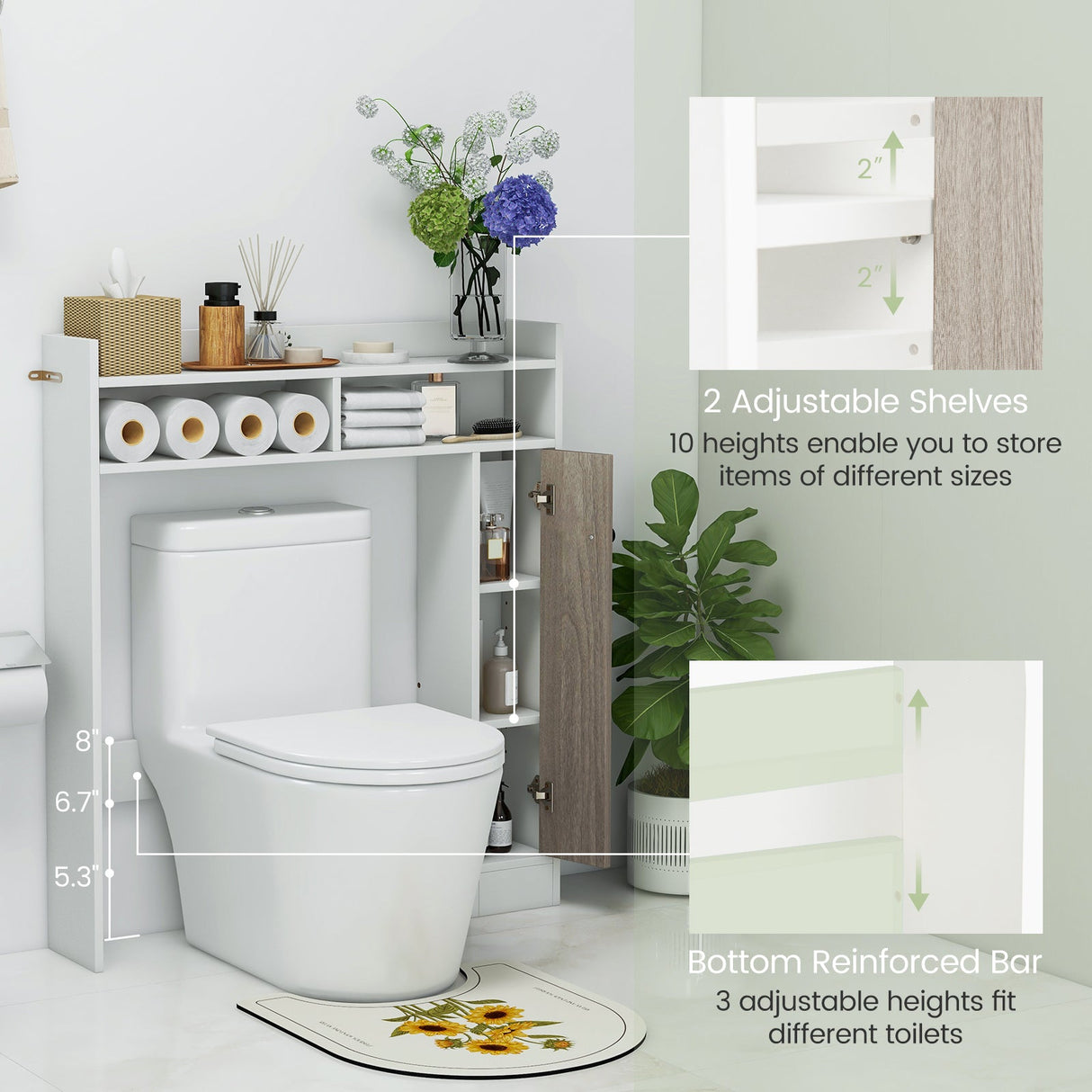 Organizador de almacenamiento de suelo para baño sobre el inodoro con estantes ajustables