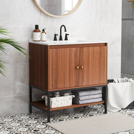 Tocador de baño de 31 pulgadas con lavabo, puertas y estante abierto - Nogal
