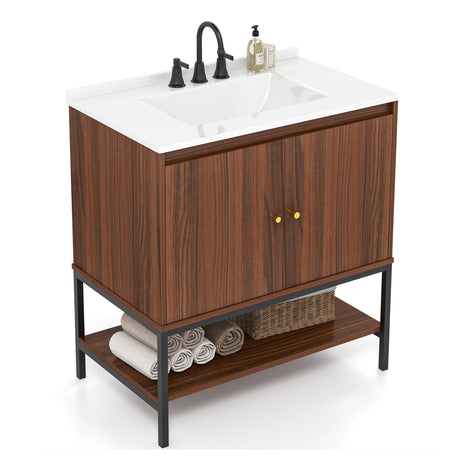 Tocador de baño de 31 pulgadas con lavabo, puertas y estante abierto - Nogal