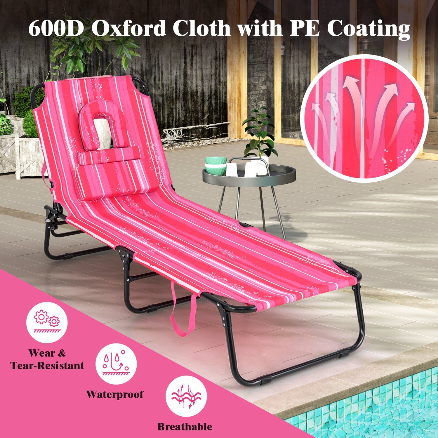 Beach Chaise Lounge Chair with Face Hole and Removable Pillow-Hot Pink