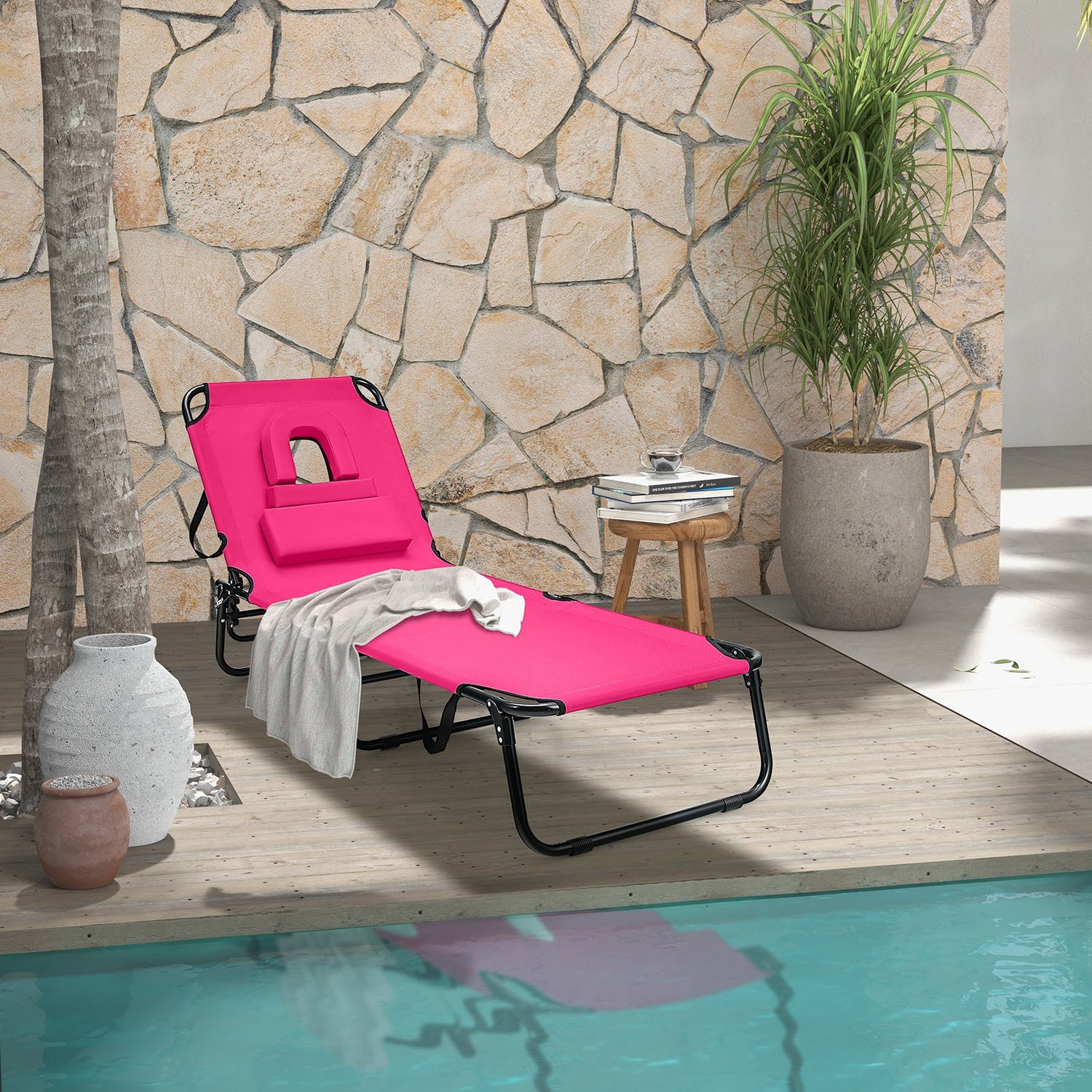 Tumbona de playa con orificio facial y almohada extraíble - Rosa