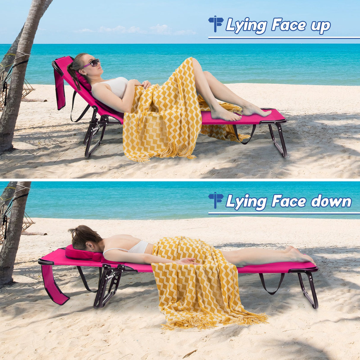 Tumbona de playa con orificio facial y almohada extraíble - Rosa