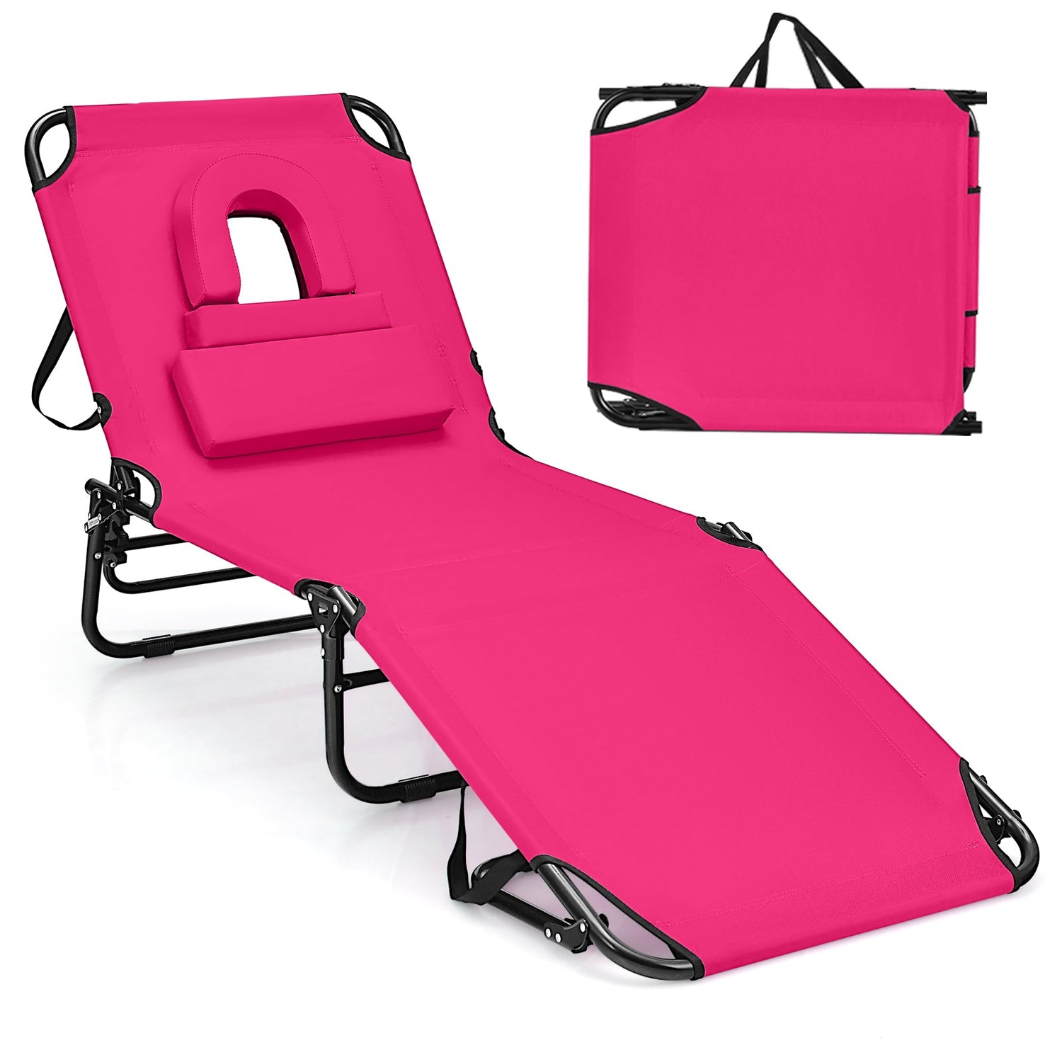 Tumbona de playa con orificio facial y almohada extraíble - Rosa