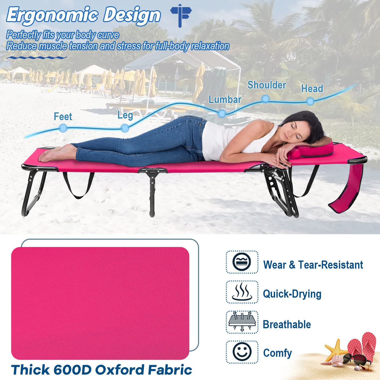 Tumbona de playa con orificio facial y almohada extraíble - Rosa