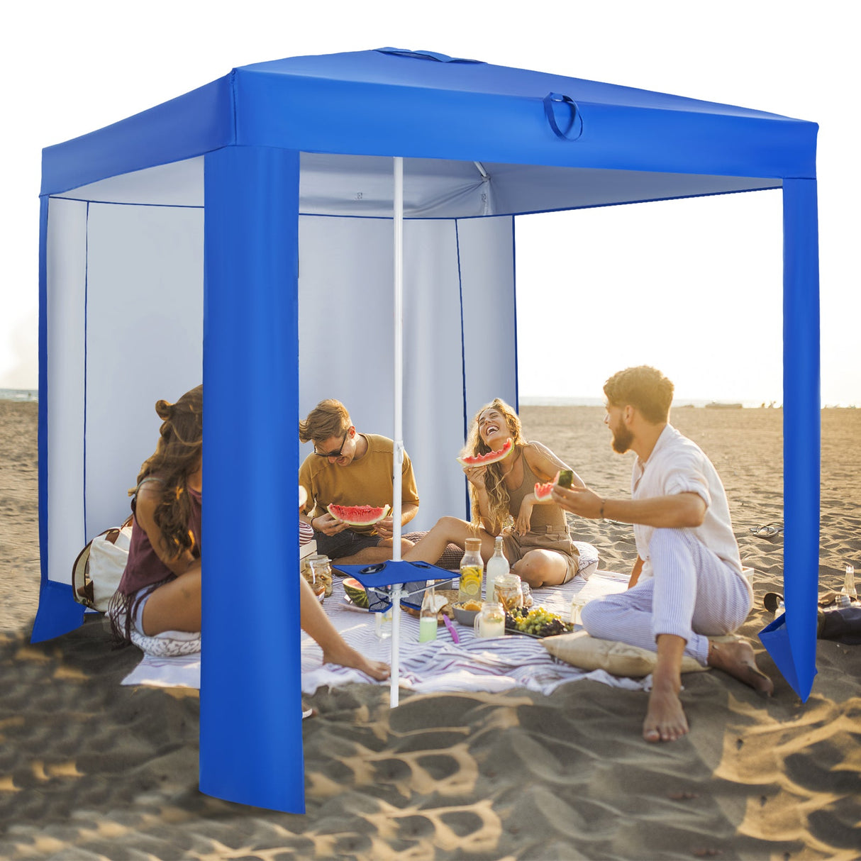 Tienda de playa con dosel con pared lateral desmontable y mesa plegable-Azul