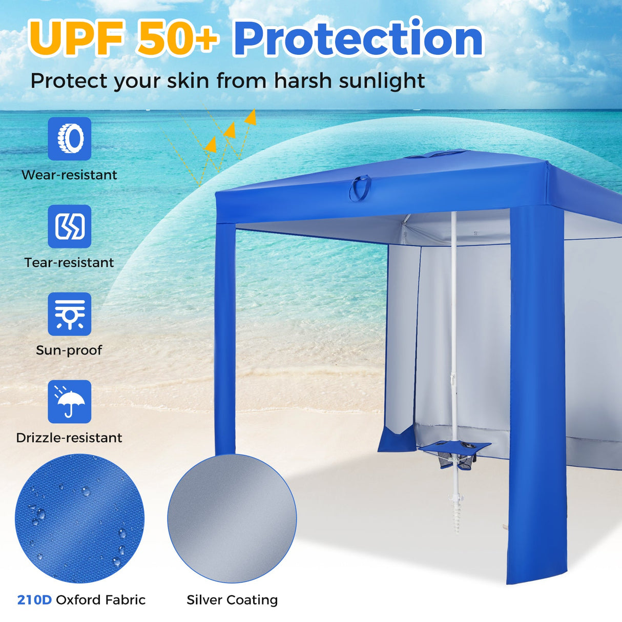 Tienda de playa con dosel con pared lateral desmontable y mesa plegable-Azul