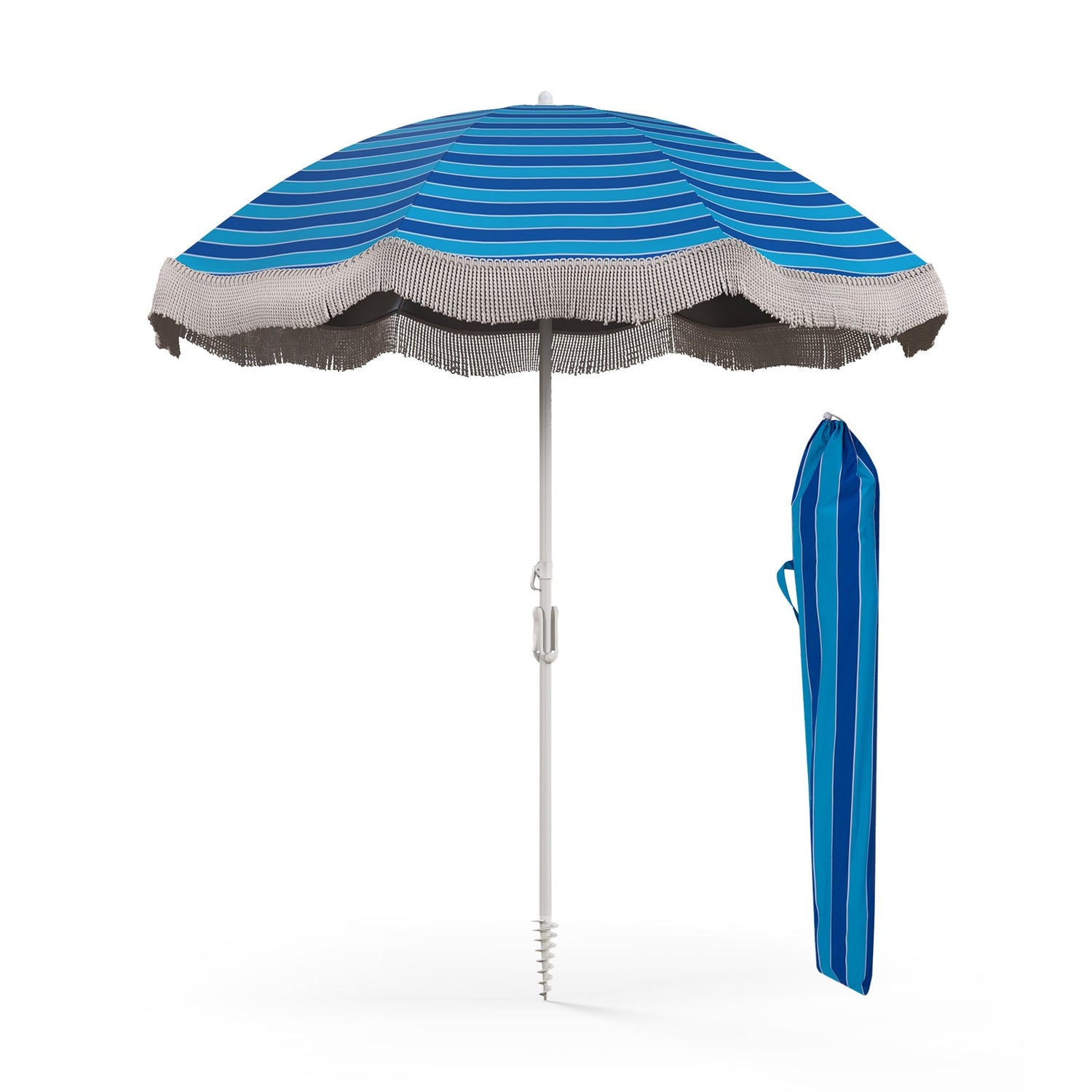 Sombrilla de playa de 6.5 pies con flecos, sombrilla con borlas para exteriores con botón de inclinación