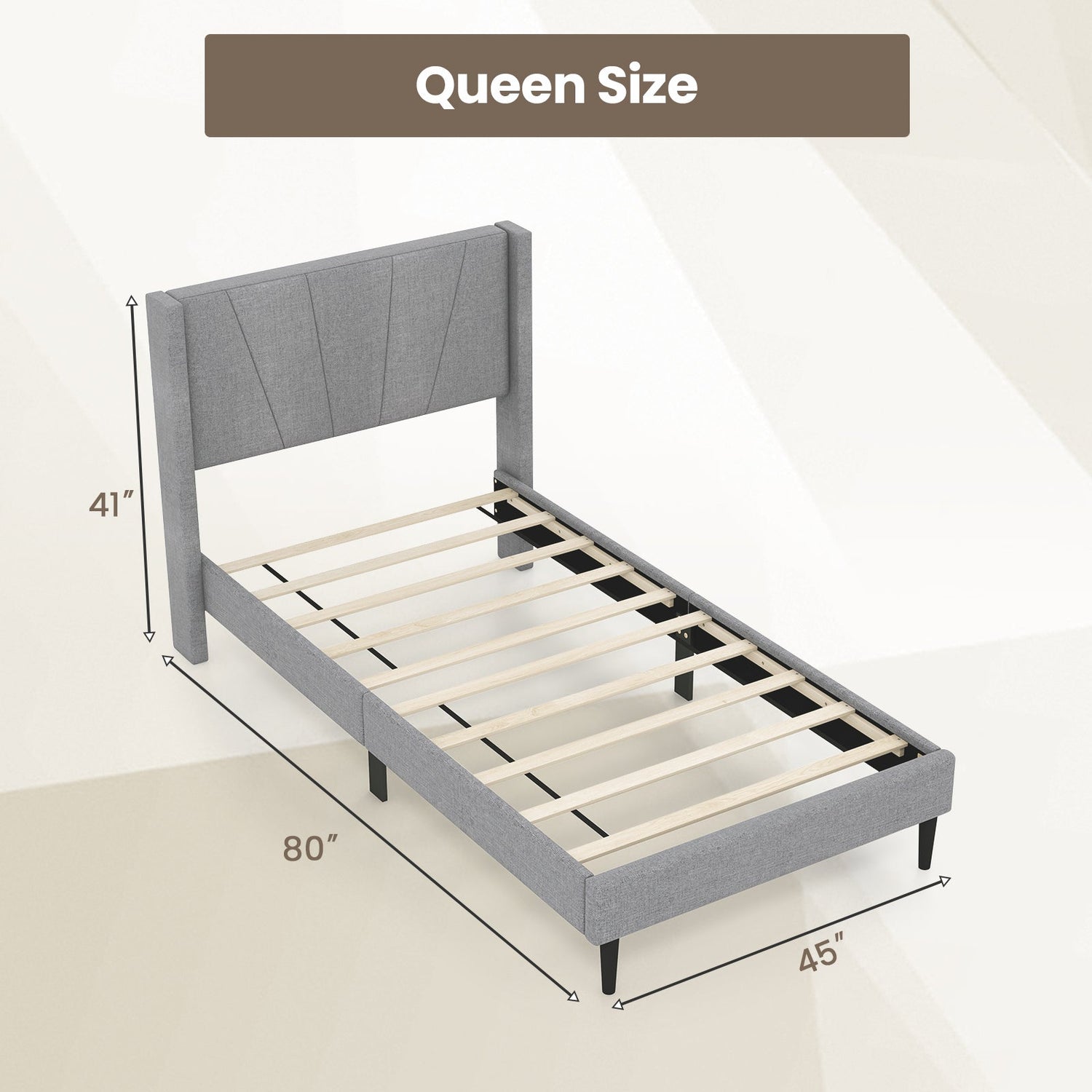 Twin/Queen Bed Frame with Linen Upholstered Wingback Headboard