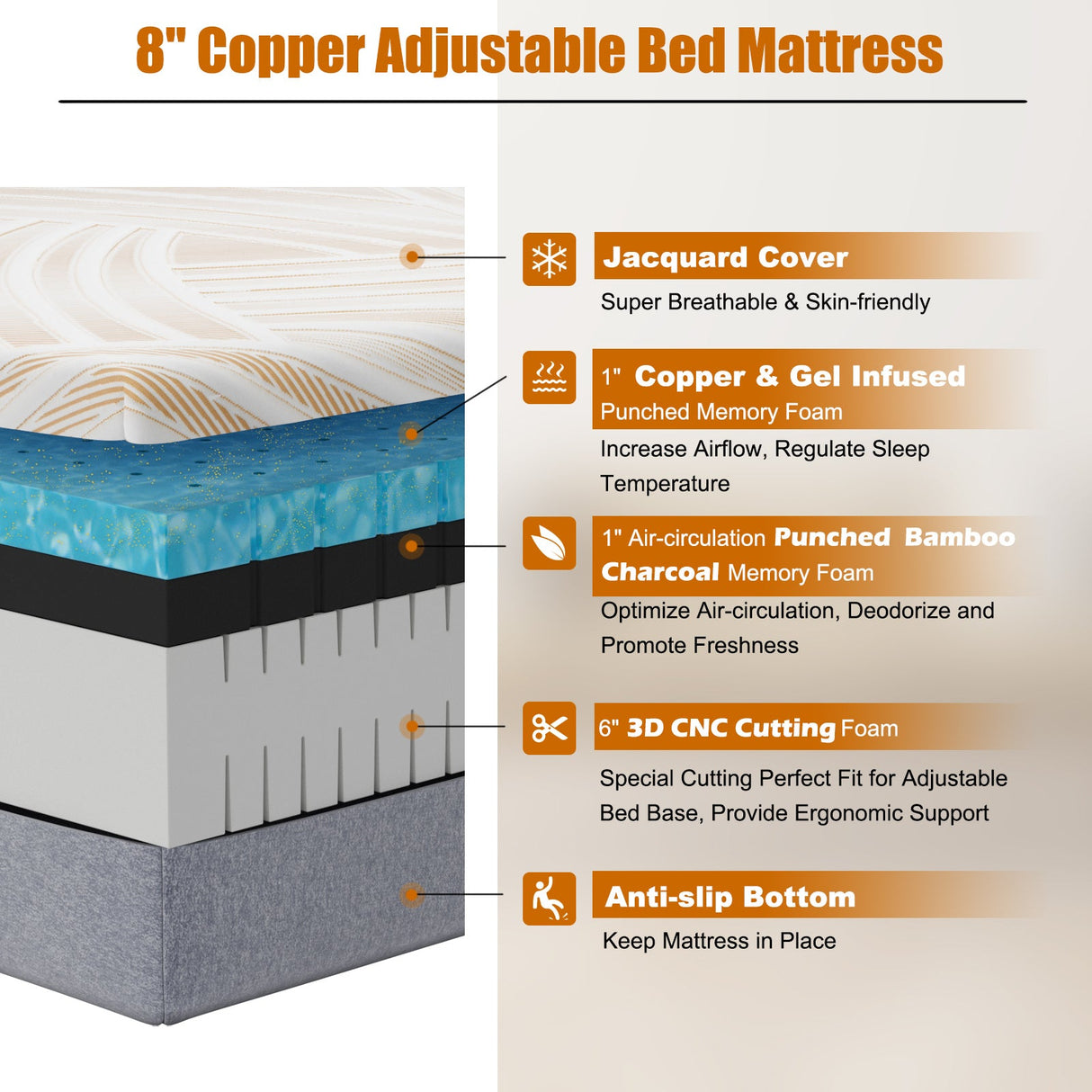 Colchón de espuma viscoelástica tamaño individual con cubierta de jacquard para base de cama ajustable