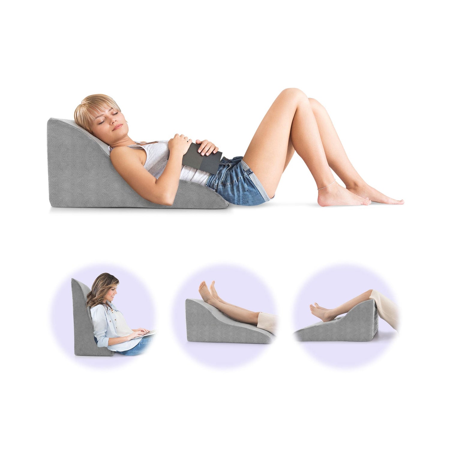 Almohada de cuña para cama, soporte de espalda, almohada de lectura triangular con funda desmontable - Gris