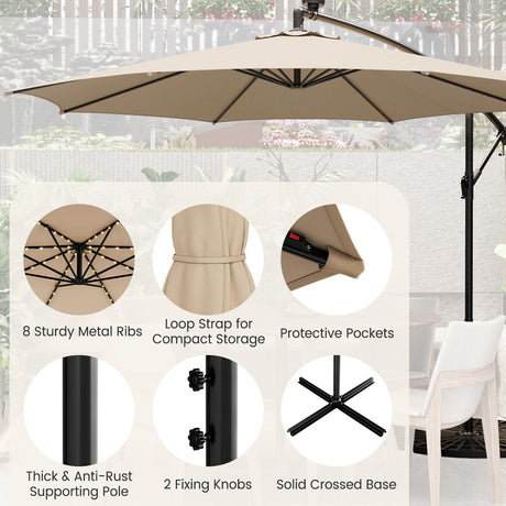 Parasol excéntrico de 3 metros para patio con 112 luces LED solares