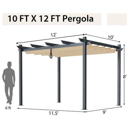 Pérgola exterior retráctil de aluminio de 10 x 12 pies con dosel y enrejado para uvas