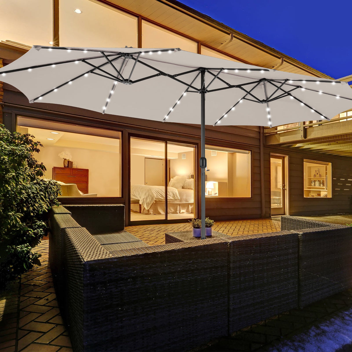 Sombrilla de patio de doble cara de 15 pies con 48 luces LED