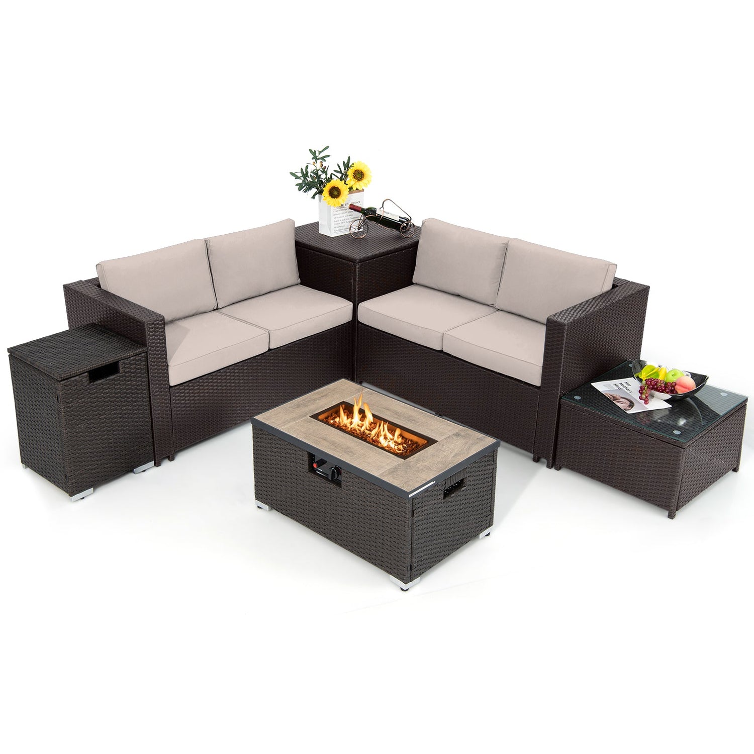 Juego de Muebles de Mimbre para Exteriores de 6 Piezas con Mesa Fogata de Propano de 32 Pulgadas