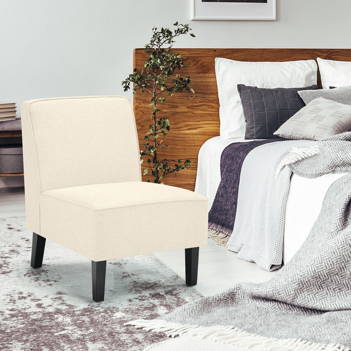 Sillón decorativo moderno sin brazos con patas de madera de caucho