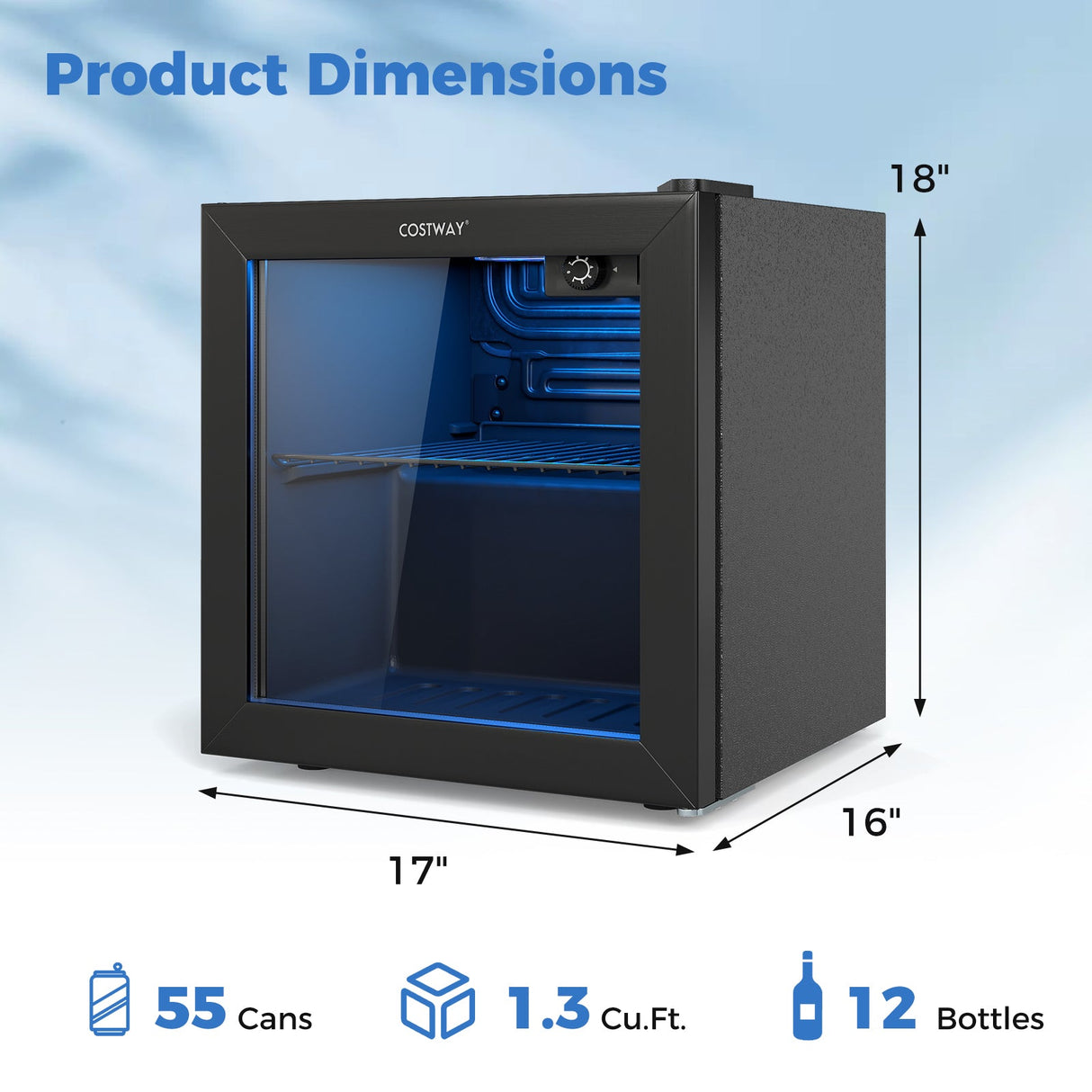 Refrigerador de bebidas 1.3 pies cúbicos, 12 botellas, 55 latas, mini nevera-Negro