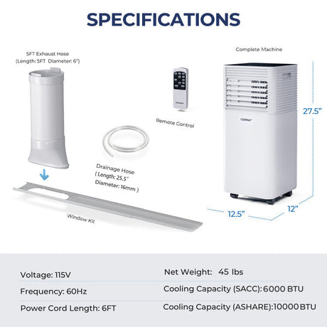 Enfriador de aire de 10000 BTU con ventilador y modo deshumidificador